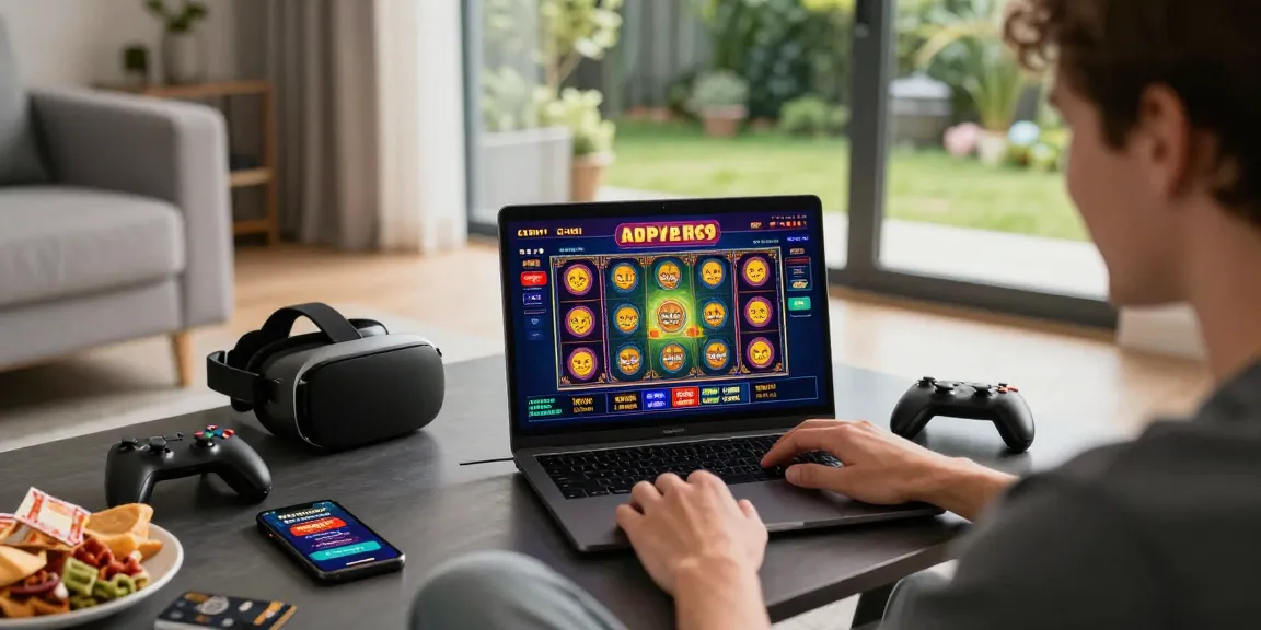 Player enjoying credit card casinos on a laptop in a cozy living room, showcasing exciting games and bonuses.