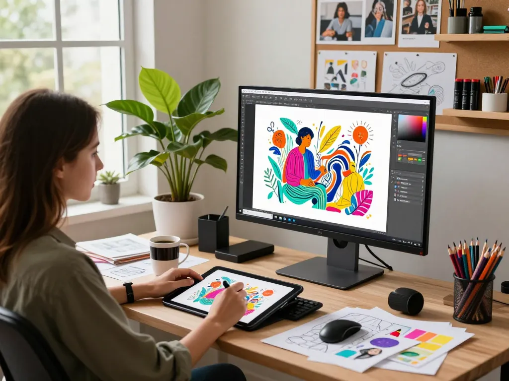Designer generating image to prompt at a creative workspace with vibrant artworks and tools.