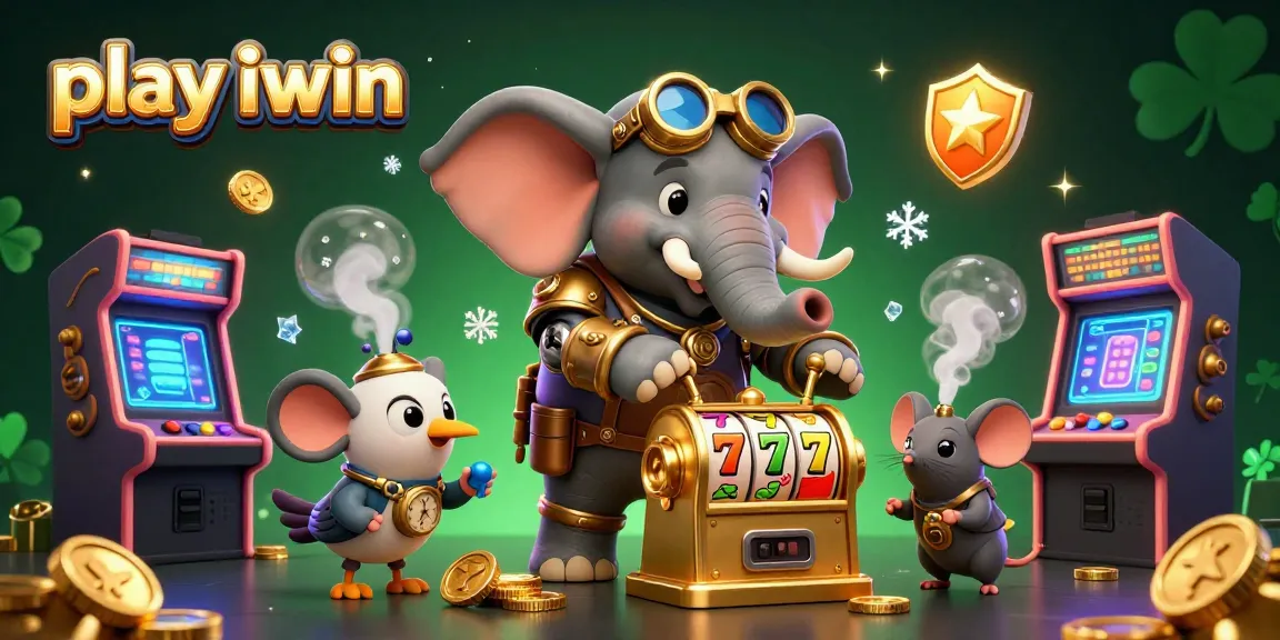 Play iwin with a steampunk elephant operating a slot machine in a vibrant casino scene.