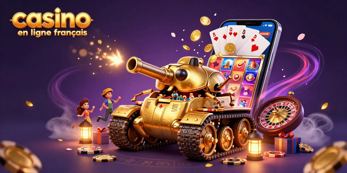 Jouer à des machines à sous dans un casino en ligne français animé avec un tank doré et des jetons éparpillés.
