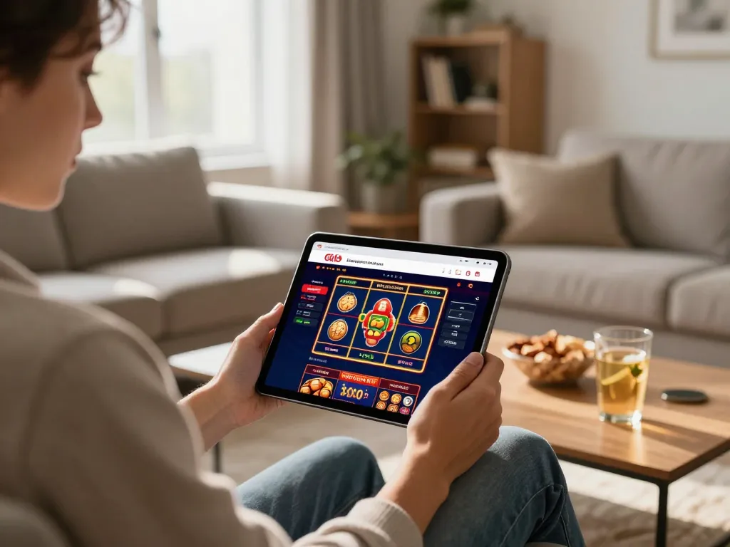 Engaging scene of playing at a casino senza registrazione on tablet in a cozy home.
