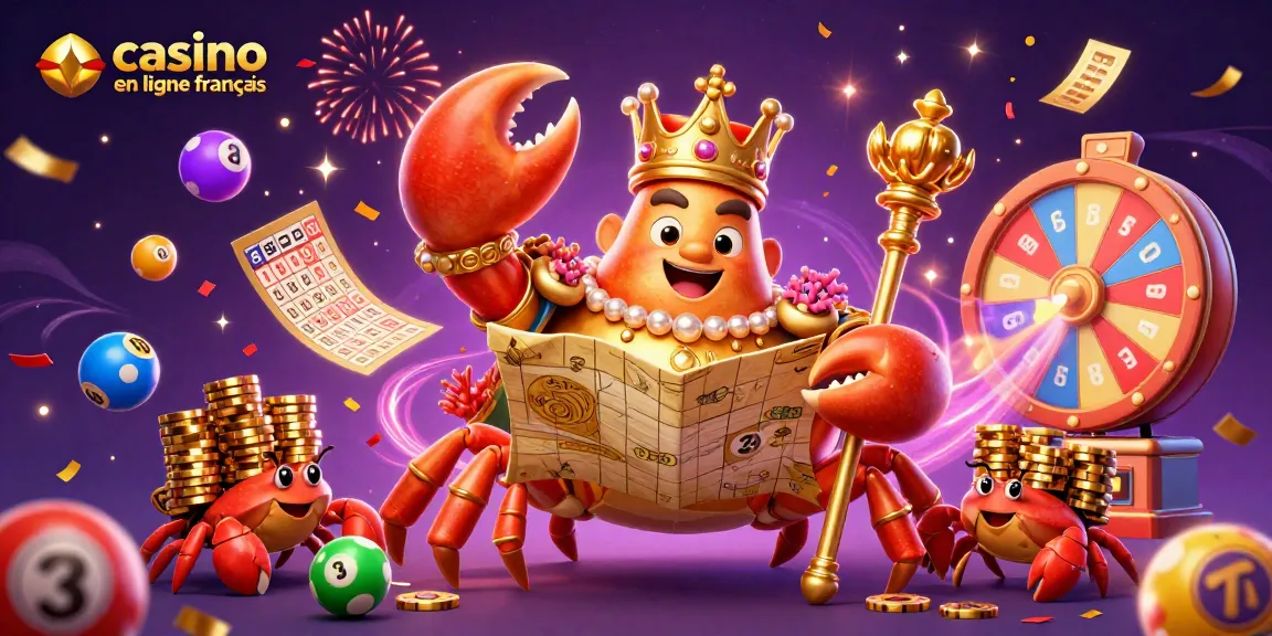 Participez à l'univers captivant du casino en ligne français grâce à un crabe empereur doré entouré de jeux de loterie vibrants.