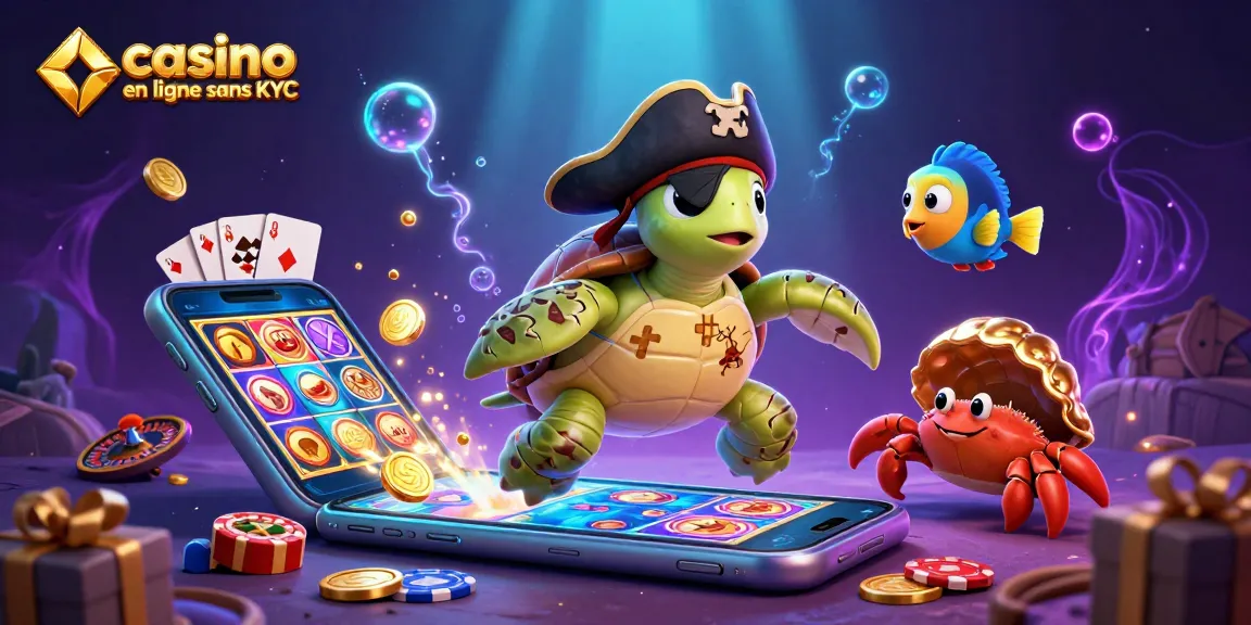 Jouer dans un casino en ligne sans KYC avec une tortue pirate et ses amis, ambiance d'aventure.