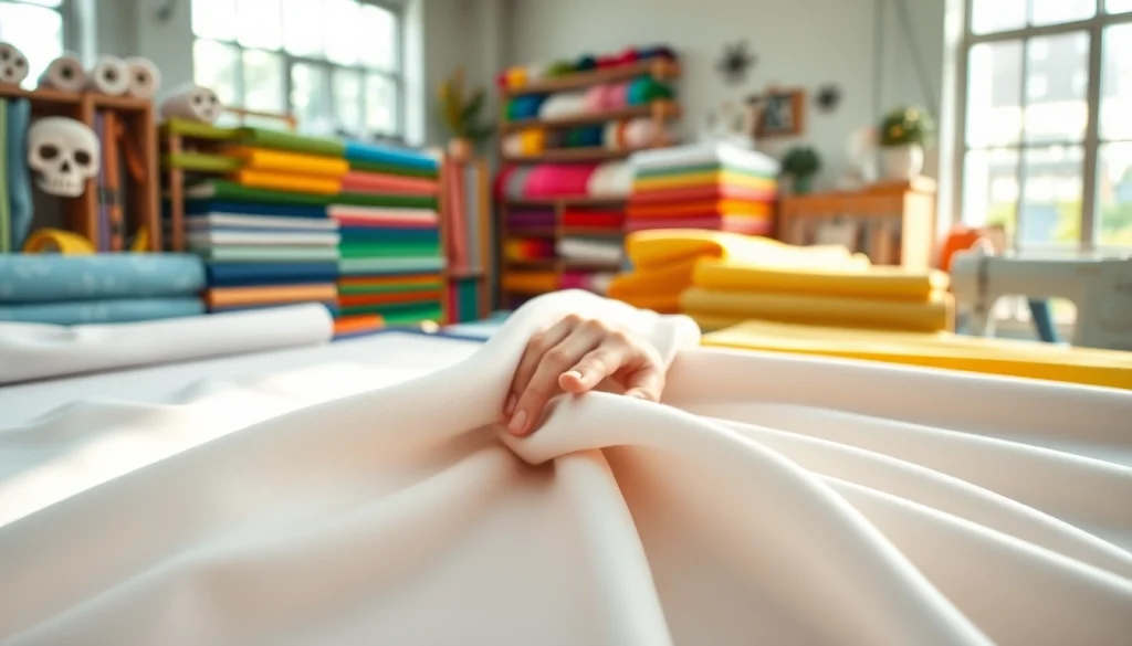 Katoen stof en texturen in een kleurrijke stoffenwinkel tonen.