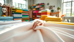 Katoen stof en texturen in een kleurrijke stoffenwinkel tonen.