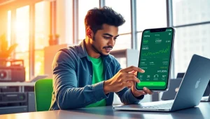 User engaged with a crypto mining app, showcasing vibrant technology and innovation.