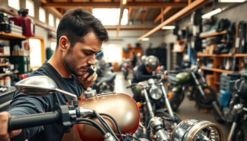 In der Motorrad Werkstatt arbeiten Mechaniker an hochwertigen Motorrädern mit einem klaren Fokus auf Detail.