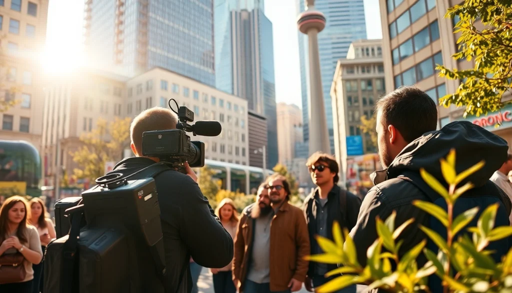 Engaging on-location videography toronto scene showcasing a diverse group in a vibrant urban setting.