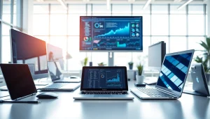 Showcasing technology workspace with modern gadgets and bright atmosphere.