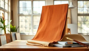 Canvas stoffen variëteit op een tafel met verfkwasten in een lichte studio.