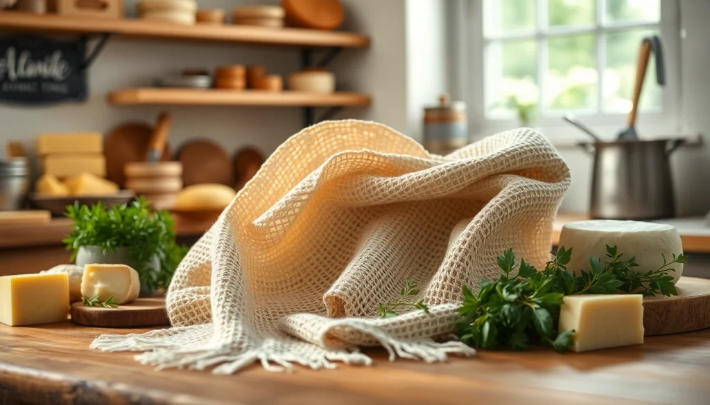 Gebruik van een kaasdoek om vers gemaakte kaas te draperen in een elegante keuken.