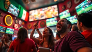 Capture the excitement of sports betting in Mexico with friends cheering in a lively sports bar.