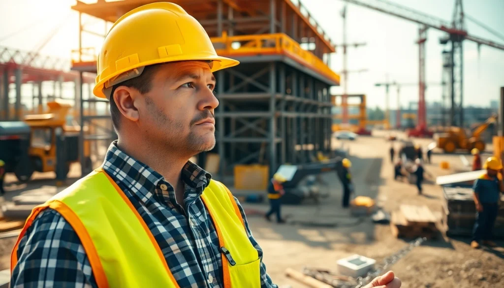 New Jersey Construction Manager overseeing a thriving construction site with active workers.