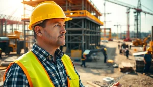 New Jersey Construction Manager overseeing a thriving construction site with active workers.