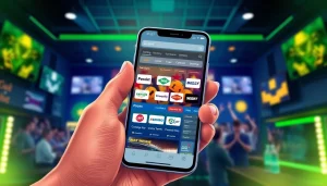 Showcasing sports betting sites India with vibrant smartphone app graphics and sports-themed ambiance.