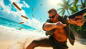 Action-packed scene of Aloha and Bullets protagonist dodging bullets on a vibrant Hawaiian beach.