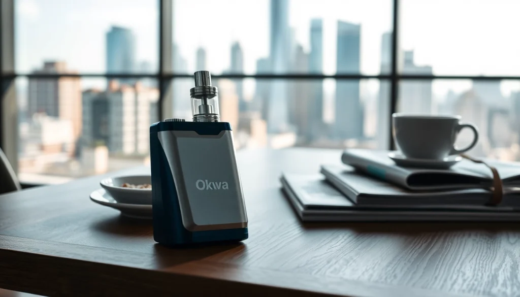 Oxva Vaping-Gerät auf modernem Tisch, beeindruckendes Design und urbane Atmosphäre.
