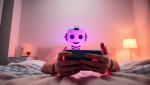 AI sexting interaction with a friendly AI chatbot in a cozy bedroom.