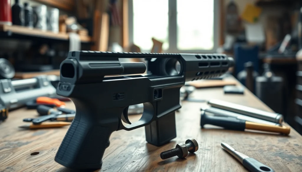 Assembling a polymer80 pf940c handgun frame with tools on a workbench, showcasing craftsmanship.