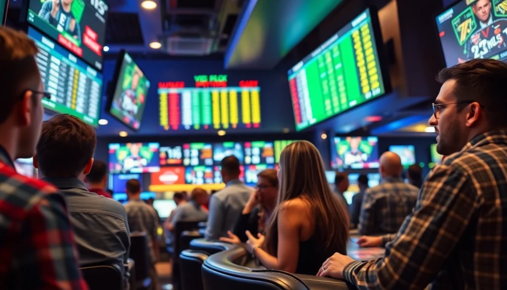 Engaging sports betting sites Alabama scene showcasing bettors excitedly interacting in a lively environment.