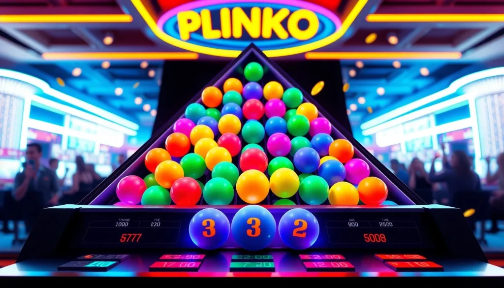 Menangkan taruhan menggunakan plinko slot dengan balon berwarna-warni yang jatuh di papan berpengali.