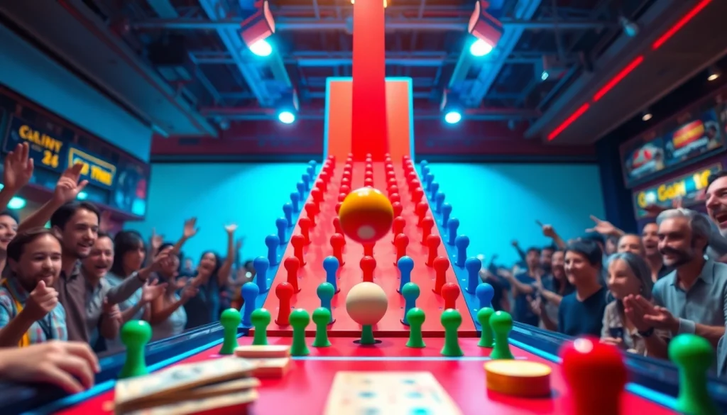 Permainan situs plinko yang dinamis dengan bola jatuh ke arah pemenang yang penuh warna.