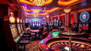 Players enjoying high-stakes gaming using 상품권신용카드 at an upscale casino with vibrant tables and machines.