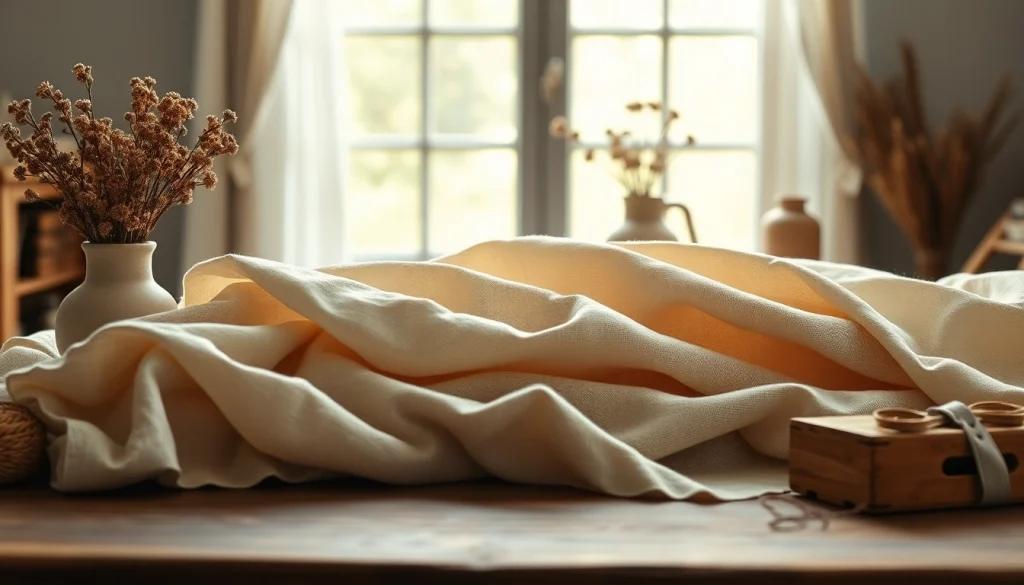 Linnen stof in verschillende kleuren en texturen, mooi gepresenteerd op een houten tafel.