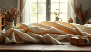 Linnen stof in verschillende kleuren en texturen, mooi gepresenteerd op een houten tafel.