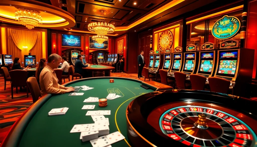 Exciting online casino scene featuring W88 link elements, highlighting poker, roulette, and slot games.