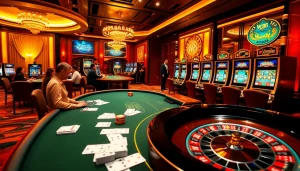 Exciting online casino scene featuring W88 link elements, highlighting poker, roulette, and slot games.