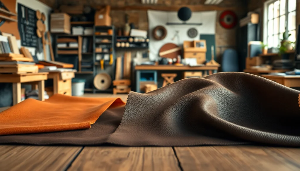 Bekijk kunst leer in verschillende texturen en kleuren op een werkplek voor creatievelingen.