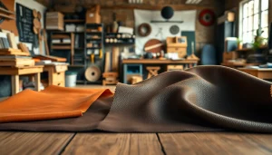 Bekijk kunst leer in verschillende texturen en kleuren op een werkplek voor creatievelingen.