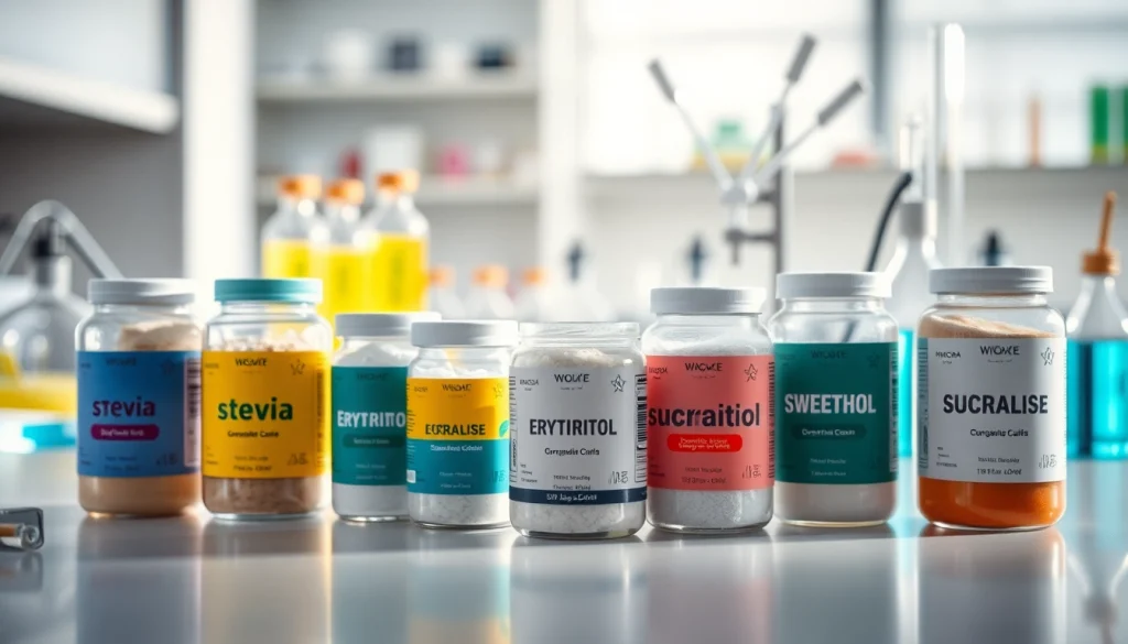 High-quality display of industrial sweetener jars showcasing stevia and erythritol on a lab counter.