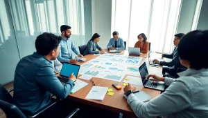 Engaged team discussing a Bid-No-Bid Analysis in a professional setting with charts and documents.