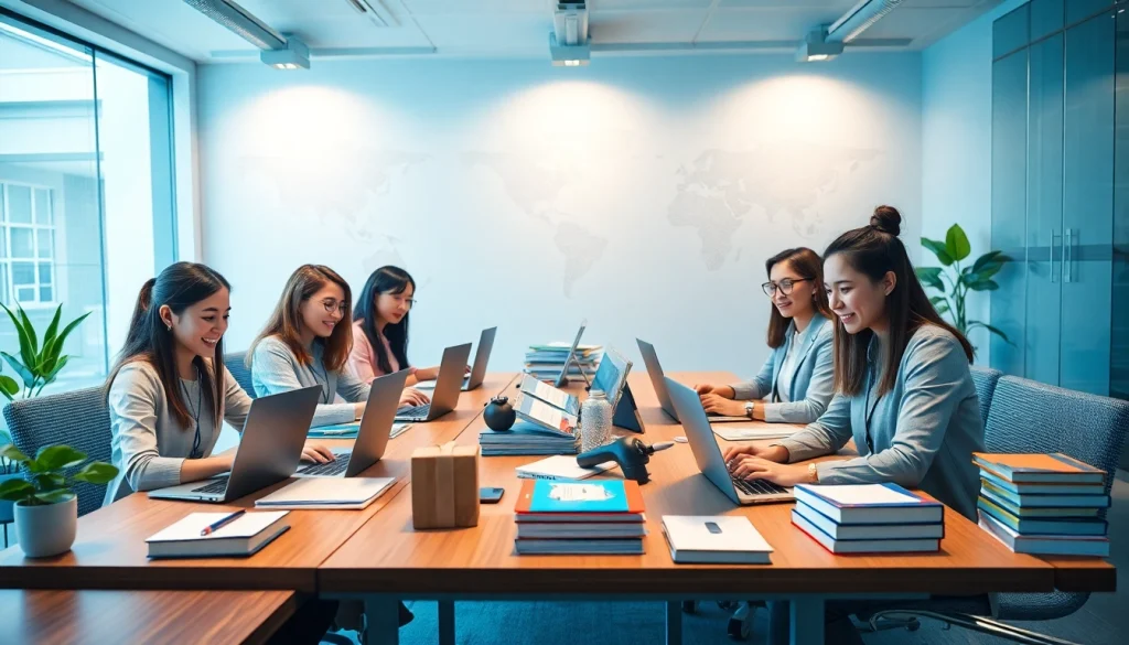 Espace de travail d'une agence de traduction professionnelle illustrant le travail d'équipe dans les services linguistiques, agence de traduction.