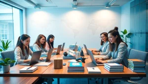 Espace de travail d'une agence de traduction professionnelle illustrant le travail d'équipe dans les services linguistiques, agence de traduction.