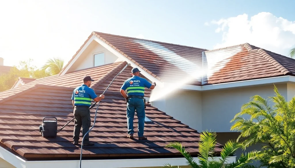 Roof cleaning in Kissimmee, FL, showcasing professionals using soft wash techniques on a residential property.