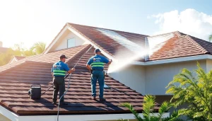 Roof cleaning in Kissimmee, FL, showcasing professionals using soft wash techniques on a residential property.