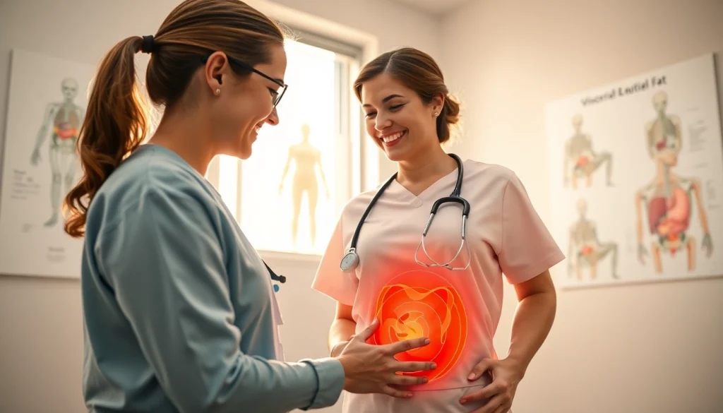 Diagnosing visceral fat around internal organs in a professional healthcare setting with patient interaction.