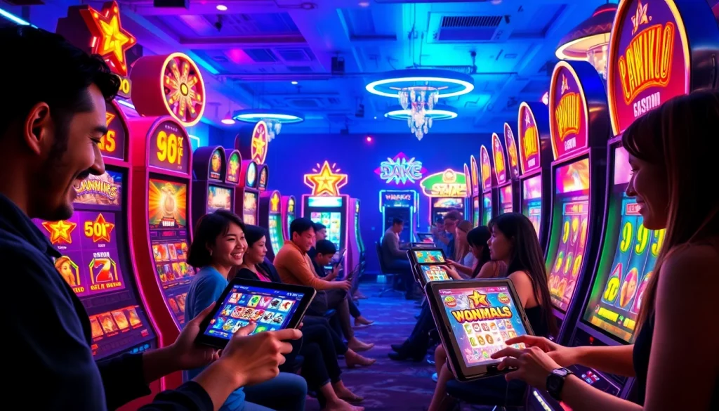 Kode4d slot gaming scene showcasing players enjoying diverse slot games in a vibrant, neon-lit environment.