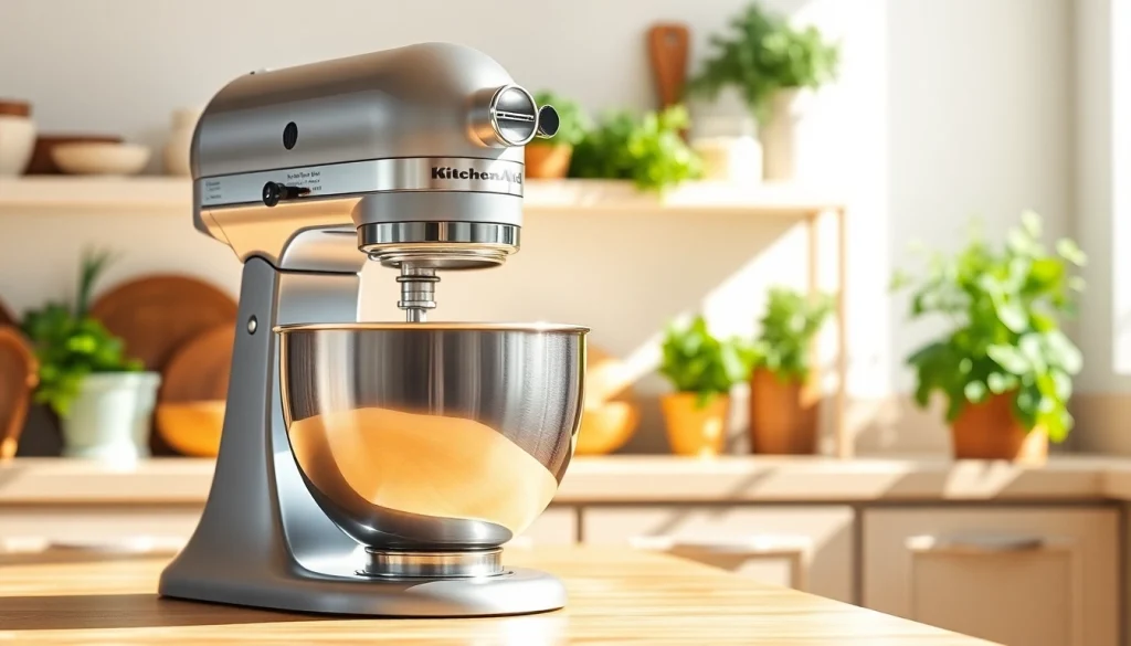 KitchenAid mixer NZ placed prominently on a kitchen counter amid fresh ingredients, showcasing modern culinary appeal.