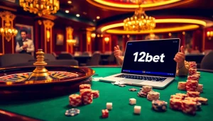 Experience ink vao 12bet with excitement at a vibrant casino featuring roulette and poker elements.