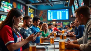 Engaging scene of diverse bettors using sports betting sites Oklahoma apps in a lively sports bar atmosphere.