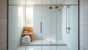 Admire the elegance of glass shower doors displayed in a modern bathroom, highlighting sleek design.