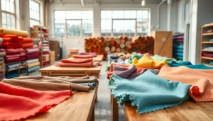 Bekijk tricot uni stoffen in een creatieve stoffenwerkplaats met kleurrijke voorbeelden.