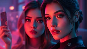 Engaging NSFW character interaction with customizable AI features in a warm, ambient setting.