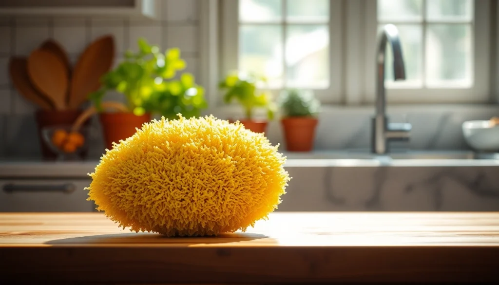 Kitchen loofah on a wooden countertop highlighting its natural texture and vibrant colors.