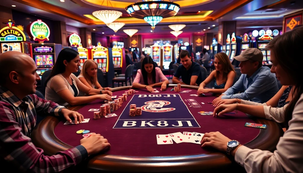 Players enjoying a thrilling poker game at a BK8TH casino table with vibrant chips and cards.