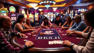 Players enjoying a thrilling poker game at a BK8TH casino table with vibrant chips and cards.